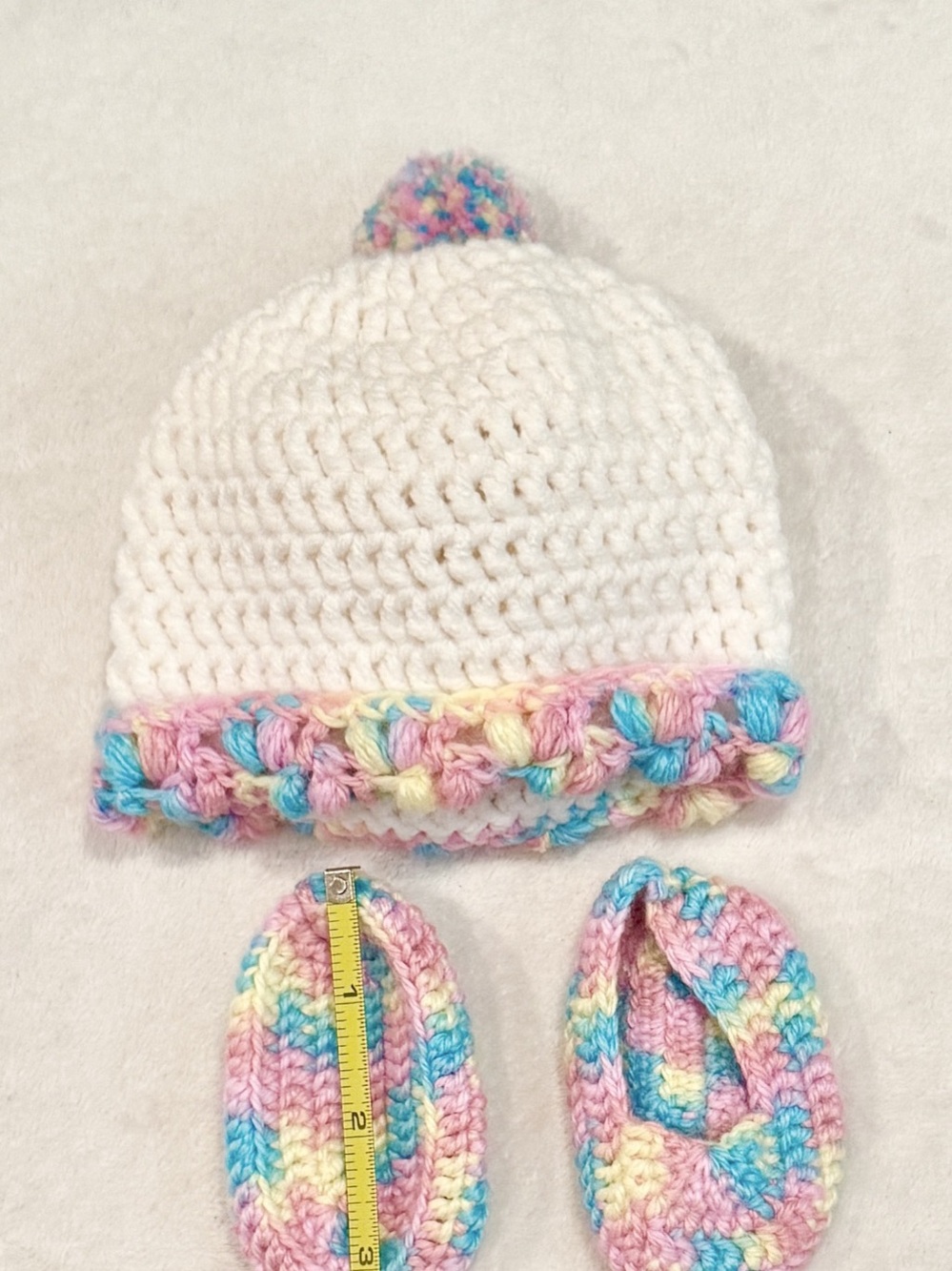 0-3 months Crocheted Knitted Hat & Slippers in Pastel colors & White